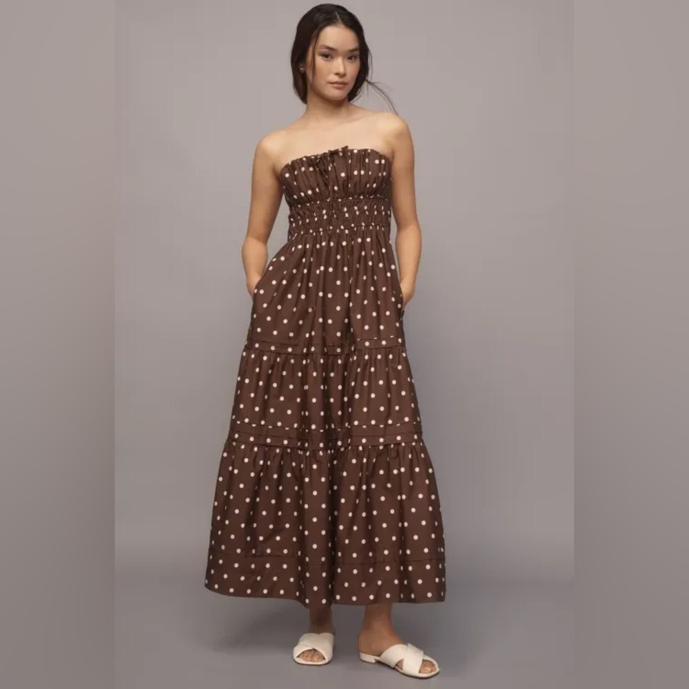 Anthropologie White and Brown Strapless Sundress